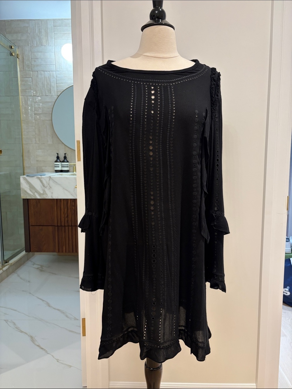 IRO Black Eyelet Long Sleeve Shift Dress
